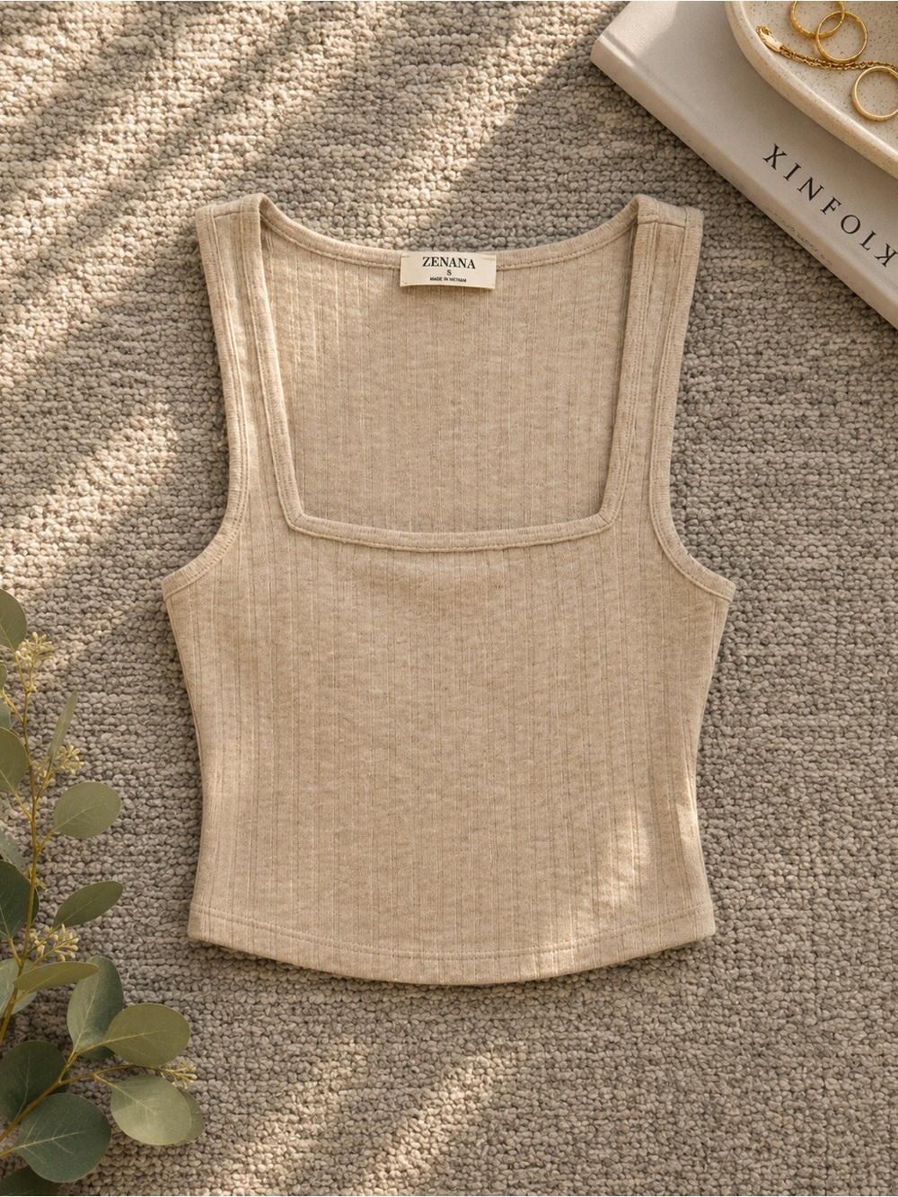 Zenana Outfitters Beige Ribbed Square Neck Tank
